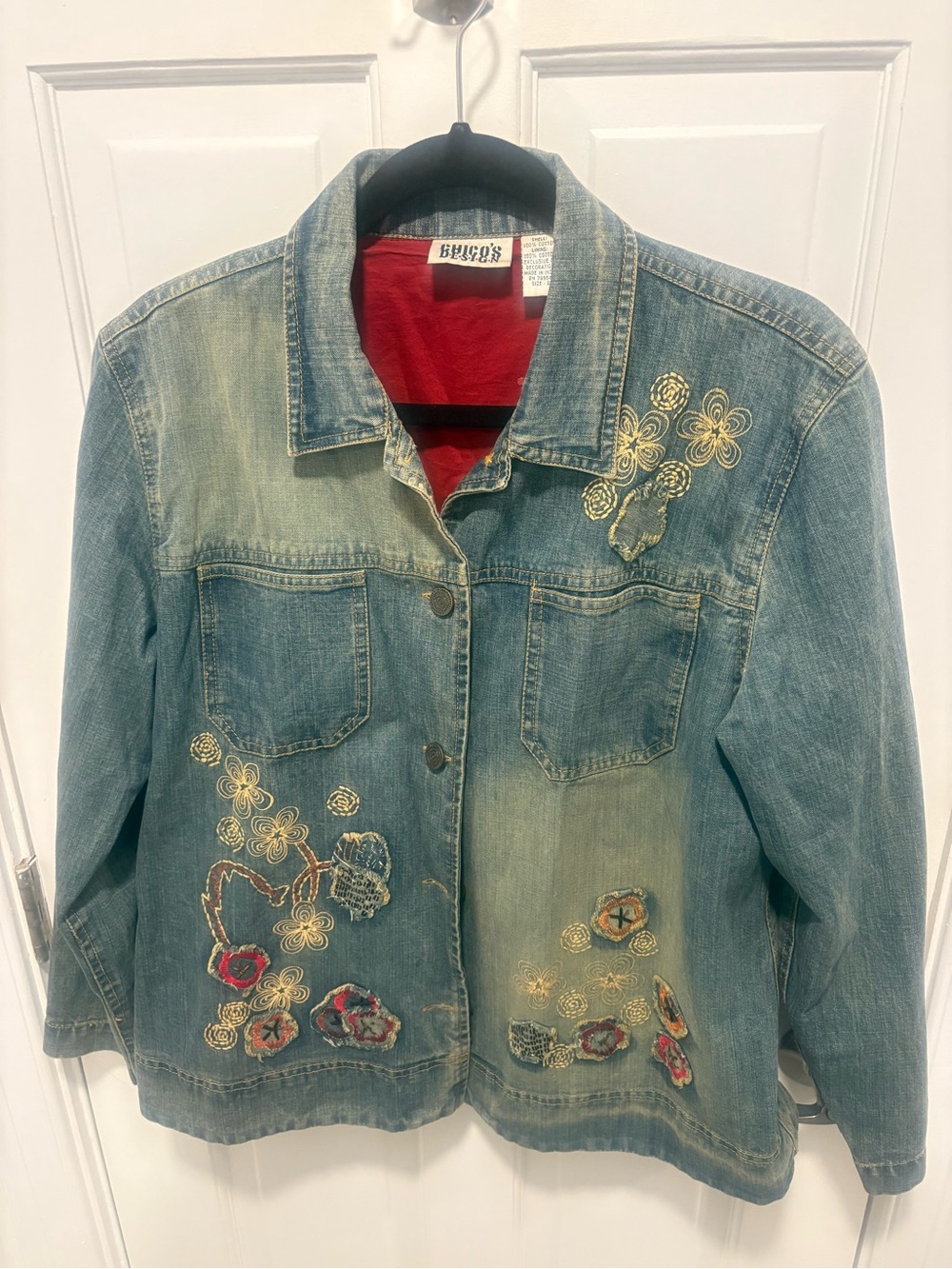 Vintage Chico’s Embroidered Denim Jacket | Boho Floral Appliqué